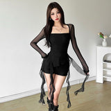 2025 New Lotus Edge Splicing Ribbon Mesh Yarn Long-Sleeved T-Shirt Folding Irregular Top
