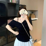 Red Shoulder Oblique Shoulder Short Sleeve T-Shirt 2026 Summer Large Fat Mm Thinch Waist Unique Beautiful Top