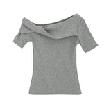 2026 Early Spring Temperament Hottie Twisty Design Slanted Shoulder Short-Sleeved T-Shirt Commuting Summer New Pure Desire