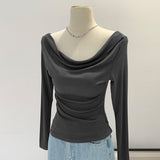 2026 Early Spring Korean Chic Sweet Spicy Shoulder Slanted Shoulder Collar Long-Sleeved T-Shirt Women's Early Autumn Slim Slim Top