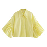 Women's Clothing Spring 2025 New Loose Casual Striped Lantern Sleeve Short Shirt Lady Top