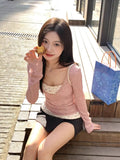 Korean Sweet Lace Broken Flower Fake Two Long-Sleeved T-Shirt Women Early In The Spring To Put On A Shirt Slim Thin Top